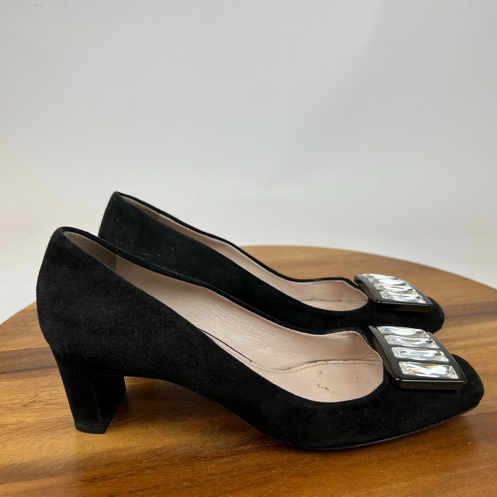 Womens Miu Miu Crystal Embellished Black Seude Heels Pumps Shoes 37.5 US 7.5
